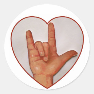 ASL I LOVE YOU, HEART SHAPED CLASSIC ROUND STICKER