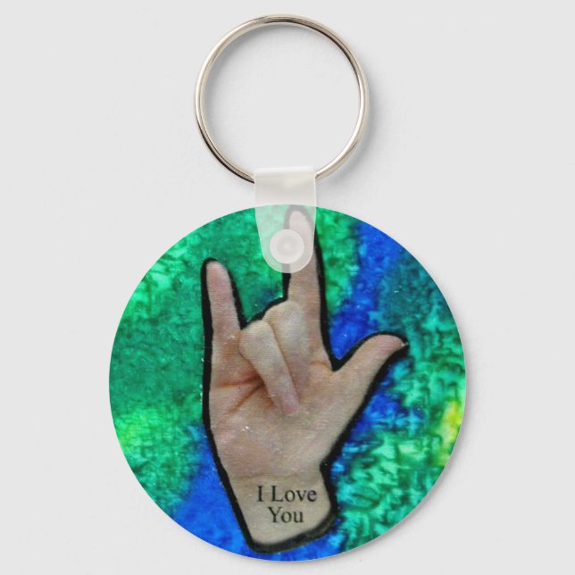 asl I love you keychain on painted silk background (Front)
