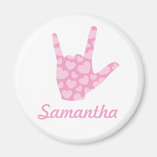 ASL I Love You Pink Hearts Sign Language and Name Magnet