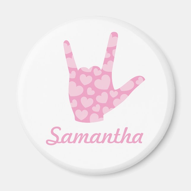 ASL I Love You Pink Hearts Sign Language and Name Magnet (Front)
