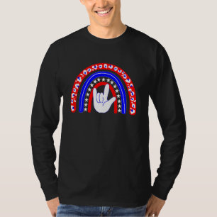 Asl I Love You Rainbow Usa Flag Sign Language 4th T-Shirt