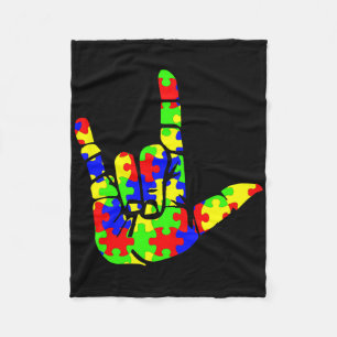 Asl Love Hand Sign Language Puzzle Autism Awarenes Fleece Blanket