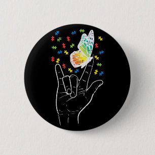 Asl Love Sign Butterfly Puzzle Autism Awareness Sp 6 Cm Round Badge
