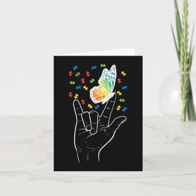 Asl Love Sign Butterfly Puzzle Autism Awareness Sp Card (Front)