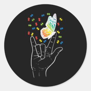 Asl Love Sign Butterfly Puzzle Autism Awareness Sp Classic Round Sticker