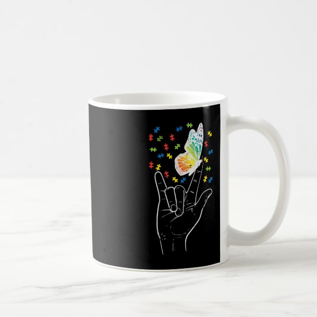 Asl Love Sign Butterfly Puzzle Autism Awareness Sp Coffee Mug (Right)