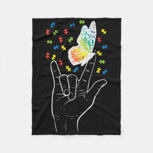 Asl Love Sign Butterfly Puzzle Autism Awareness Sp Fleece Blanket