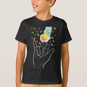 Asl Love Sign Butterfly Puzzle Autism Awareness Sp T-Shirt