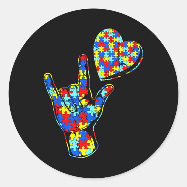 ASL Love Sign Language Autism Awareness Puzzle Kin Classic Round Sticker (Front)