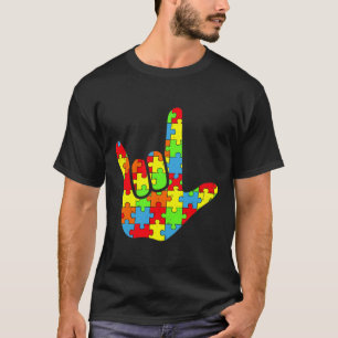 Asl Love Sign Language Autism Awareness Puzzle Pie T-Shirt