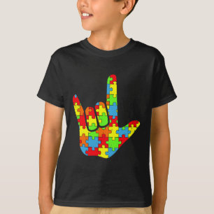 Asl Love Sign Language Autism Awareness Puzzle Pie T-Shirt