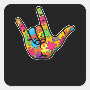 ASL Love Sign Language Autism Awareness Support Square Sticker