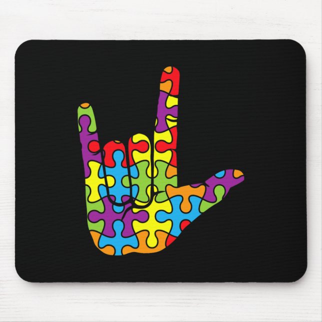 ASL Love Sign Language Autistic Puzzle Autism Awar Mouse Mat (Front)