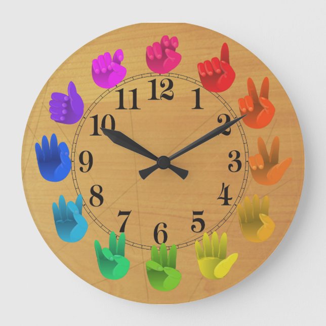 ASL Sign language rainbow colour wheel wood Large Clock (Front)