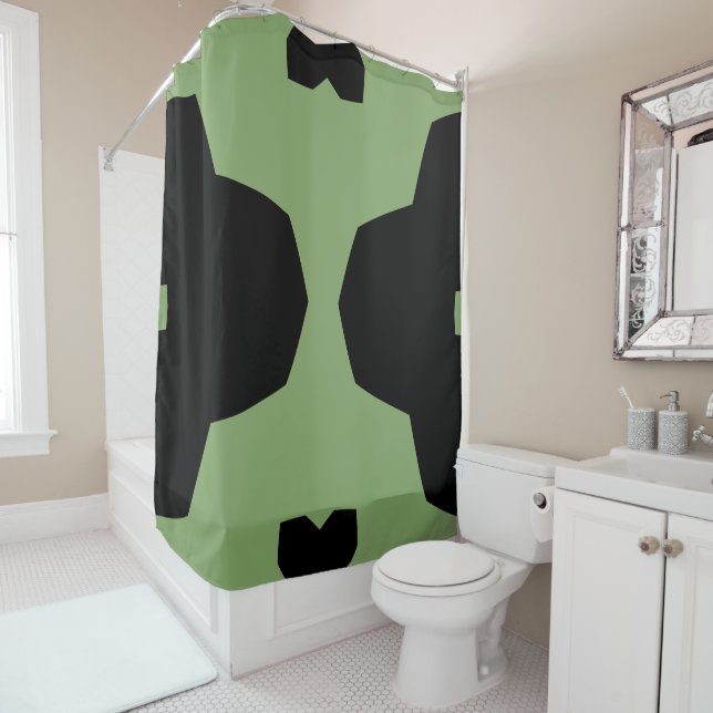 Asparagus and Black Geometric Shower Curtain (In Situ)