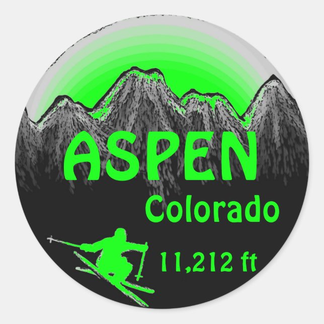 Aspen Colorado green ski art stickers (Front)