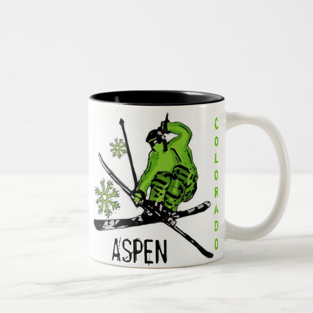 Aspen Colorado green theme skier coffee mug (Right)