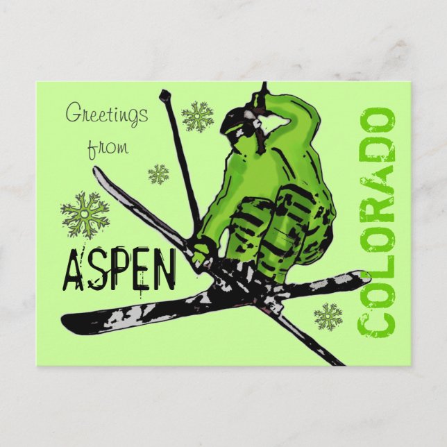 Aspen Colorado green theme skier postcard (Front)