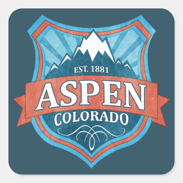 Aspen Colorado teal grunge shield square stickers (Front)