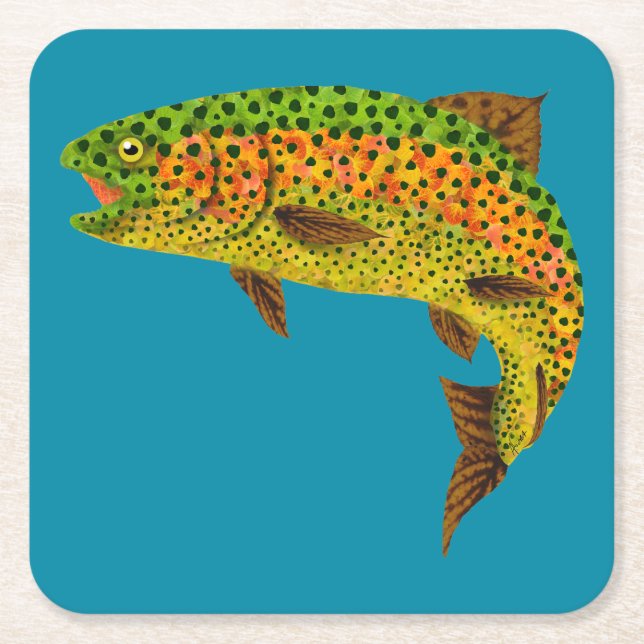 Aspen Leaf Rainbow Trout 1 Square Paper Coaster (Front)