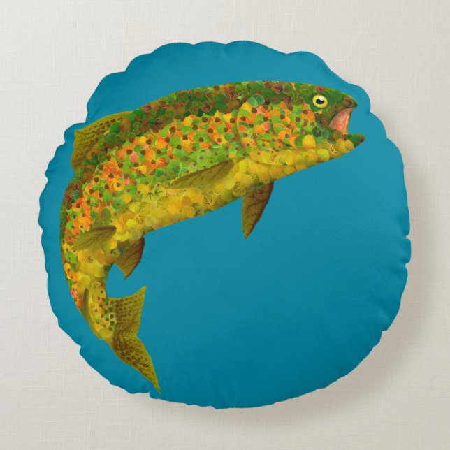 Aspen Leaf Rainbow Trout 3 Round Cushion (Front)