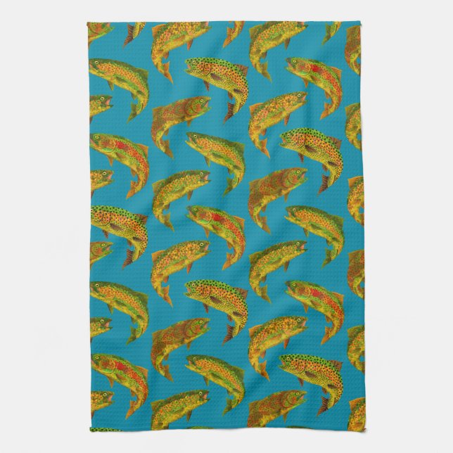 Aspen Leaf Rainbow Trout Seamless Pattern 2018 Tea Towel (Vertical)