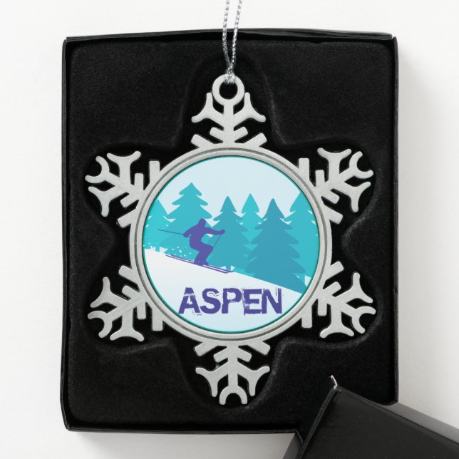 Aspen Ski Circle Snowflake Pewter Christmas Ornament (Box)