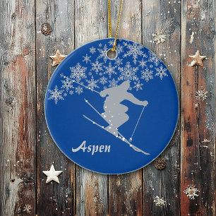 Aspen Snowflake Skier Personalised Ceramic Tree Decoration