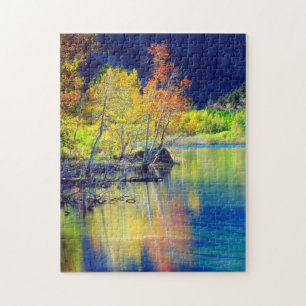 Aspen tree in autumn reflecting in Grant Lake Jigsaw Puzzle