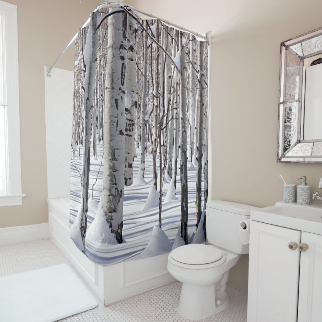Aspen Tree Trunks Long Shadows in Winter Snow Shower Curtain (In Situ)