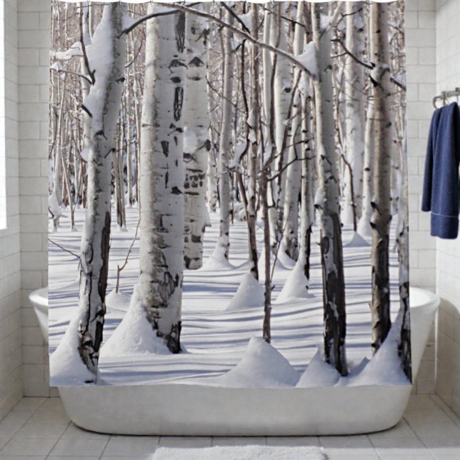 Aspen Tree Trunks Long Shadows in Winter Snow Shower Curtain (Aspen trees in winter snow photograph shower curtain in bathroom setting)