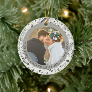 Aspen Winter First Christmas as Mr Mrs Botanical Ceramic Tree Decoration