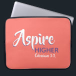 ASPIRE HIGHER Inspirational Christian Coral Laptop Sleeve<br><div class="desc">Inspirational message - Aspire Higher - with Scripture reference Colossians 3:2 "Set your mind on things above". A motivational message, simply yet stylishly displayed. Text is fully customisable, so you can personalise with your own favourite message and Scripture reference, or you can leave as it is. A great gift all...</div>
