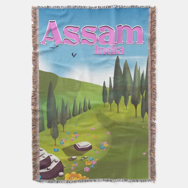 Assam India travel poster print. Throw Blanket (Front Vertical)