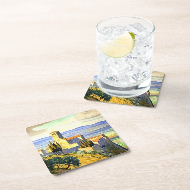 Assisi, Italy - fine art painting, Square Paper Coaster (Insitu)