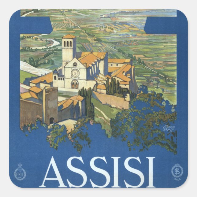 Assisi Italy Vintage Travel Art Francesco Basilica Square Sticker (Front)