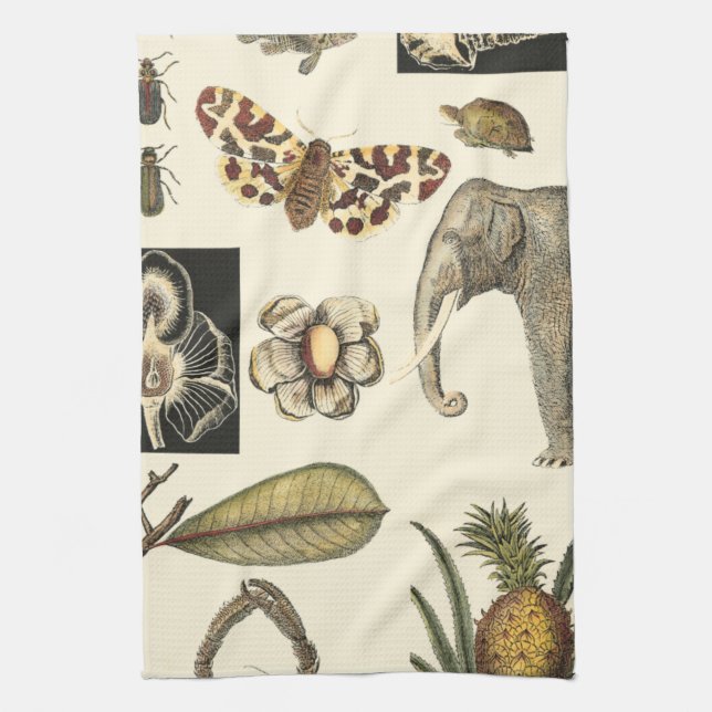 Assorted Animals Painted on Cream Background Tea Towel (Vertical)