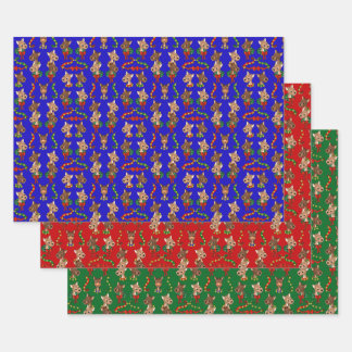 Assorted Colour Reindeers with Bells and Wreaths Wrapping Paper Sheet