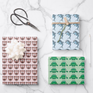 Assorted Critters Dolphin Pig Frog Wrapping Paper Sheet
