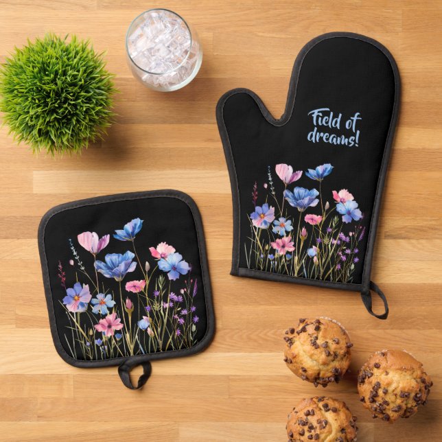 Assorted Field of Wildflowers On Black Oven Mitt & Pot Holder Set (Top Down)