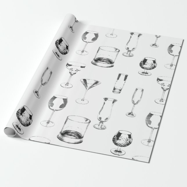 Assorted Glassware in black on white Wrapping Paper (Unrolled)
