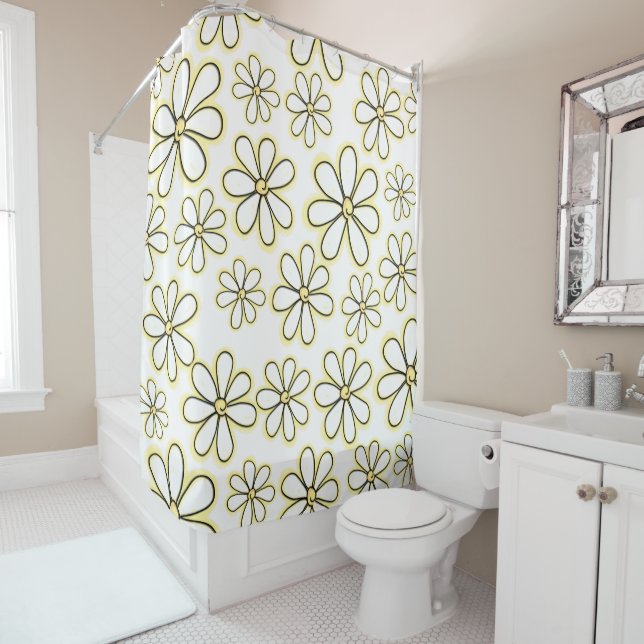 Assorted Large White Yellow Daisy Floral Shower Curtain (In Situ)