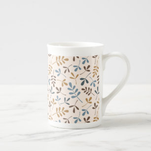 Assorted Leaves Pattern Blues Brown Gold Cream Bone China Mug
