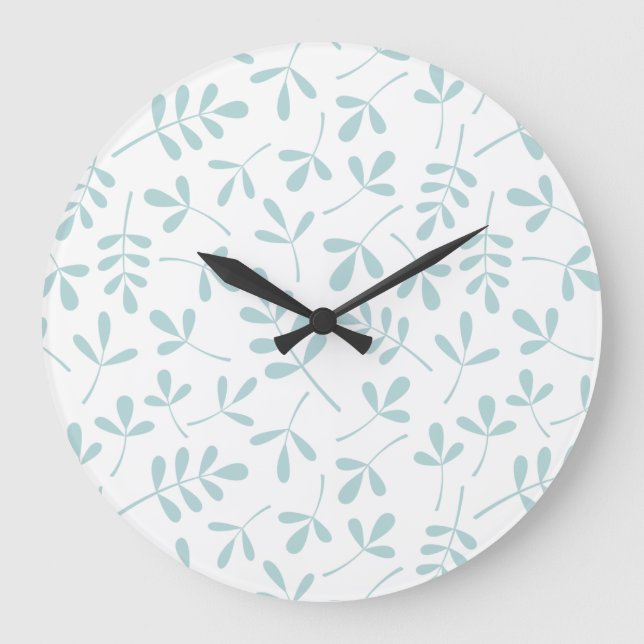 Assorted Leaves Pattern Duck Egg Blue on White Large Clock (Front)