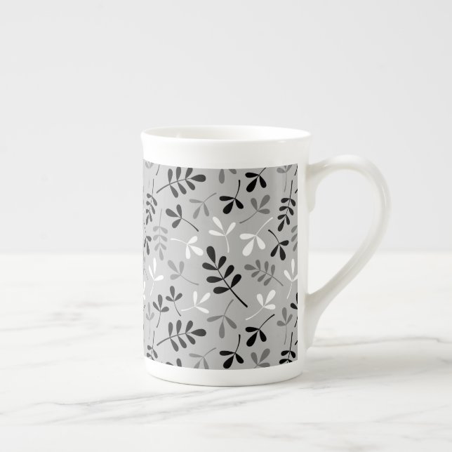 Assorted Leaves Pattern Monochrome Bone China Mug (Right)