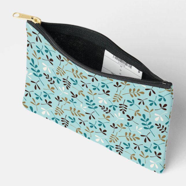 Assorted Leaves Pattern Teals Cream Brown Gold Accessory Pouch (Open)