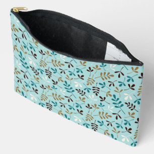 Assorted Leaves Pattern Teals Cream Brown Gold Accessory Pouch