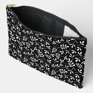 Assorted Leaves Pattern White on Black Accessory Pouch