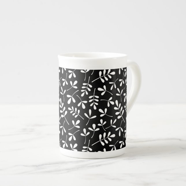 Assorted Leaves Pattern White on Black Bone China Mug (Front Right)