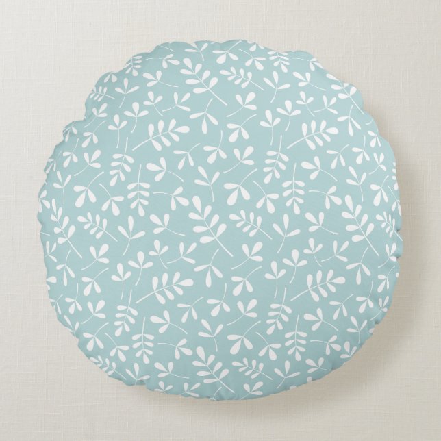 Assorted Leaves Rpt Ptn White on Duck Egg Blue Round Cushion (Front)